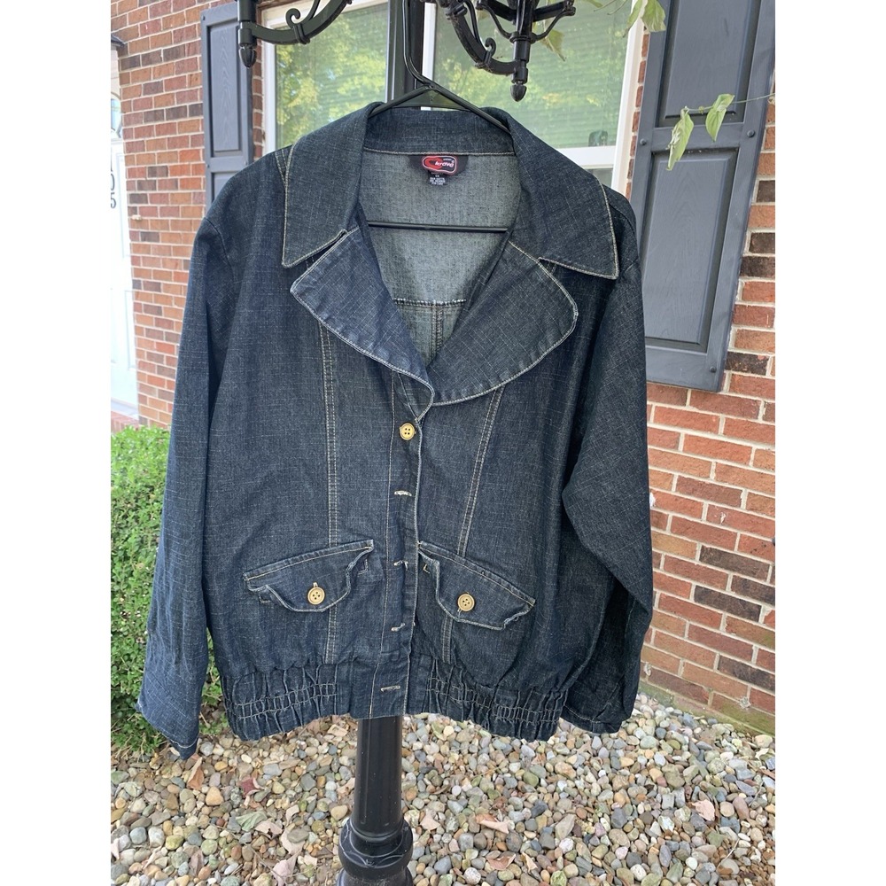 Y2K Cherry Krave Denim Jacket Womens 1X Blue Dark Wash Button-Up Elastic Waist‎